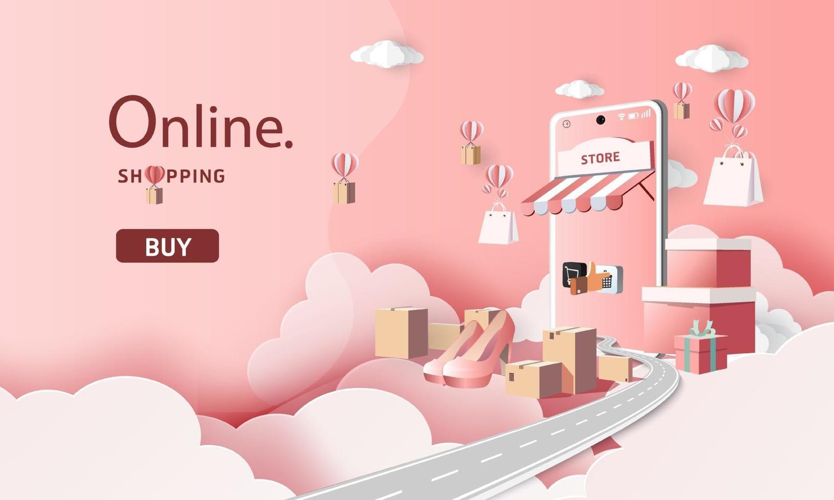 paper art shopping online on smartphone and new buy sale promotion pink backgroud for banner market ecommerce. vector