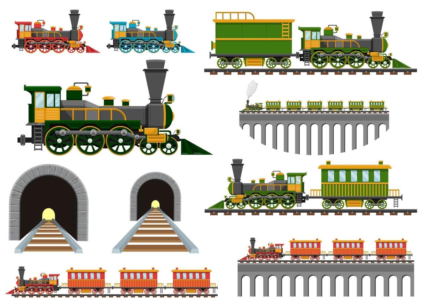 Vintage tren en ferrocarril conjunto de ilustración de diseño vectorial aislado sobre fondo blanco. vector