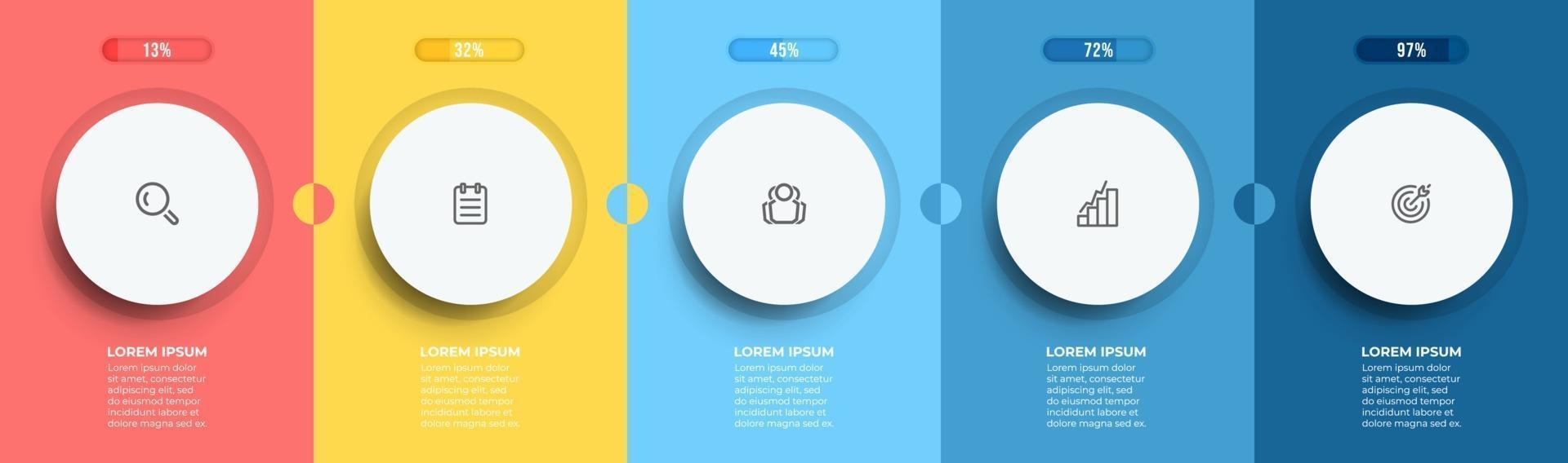 Rectangular elements for business process steps. Time line with 5 options, circle. Vector illustration.