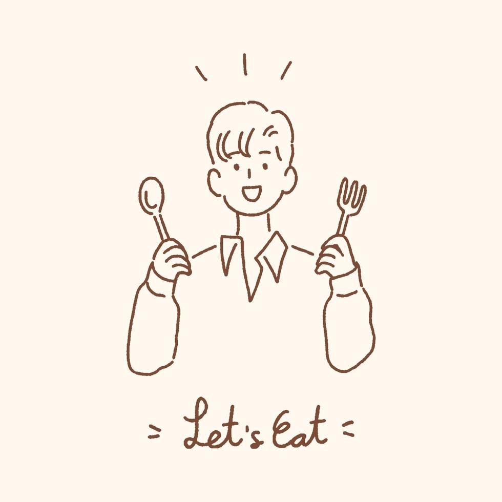 Young man holding spoon and fork with Let's Eat handwritten lettering, eating dining concept, hand-drawn style vector illustration.