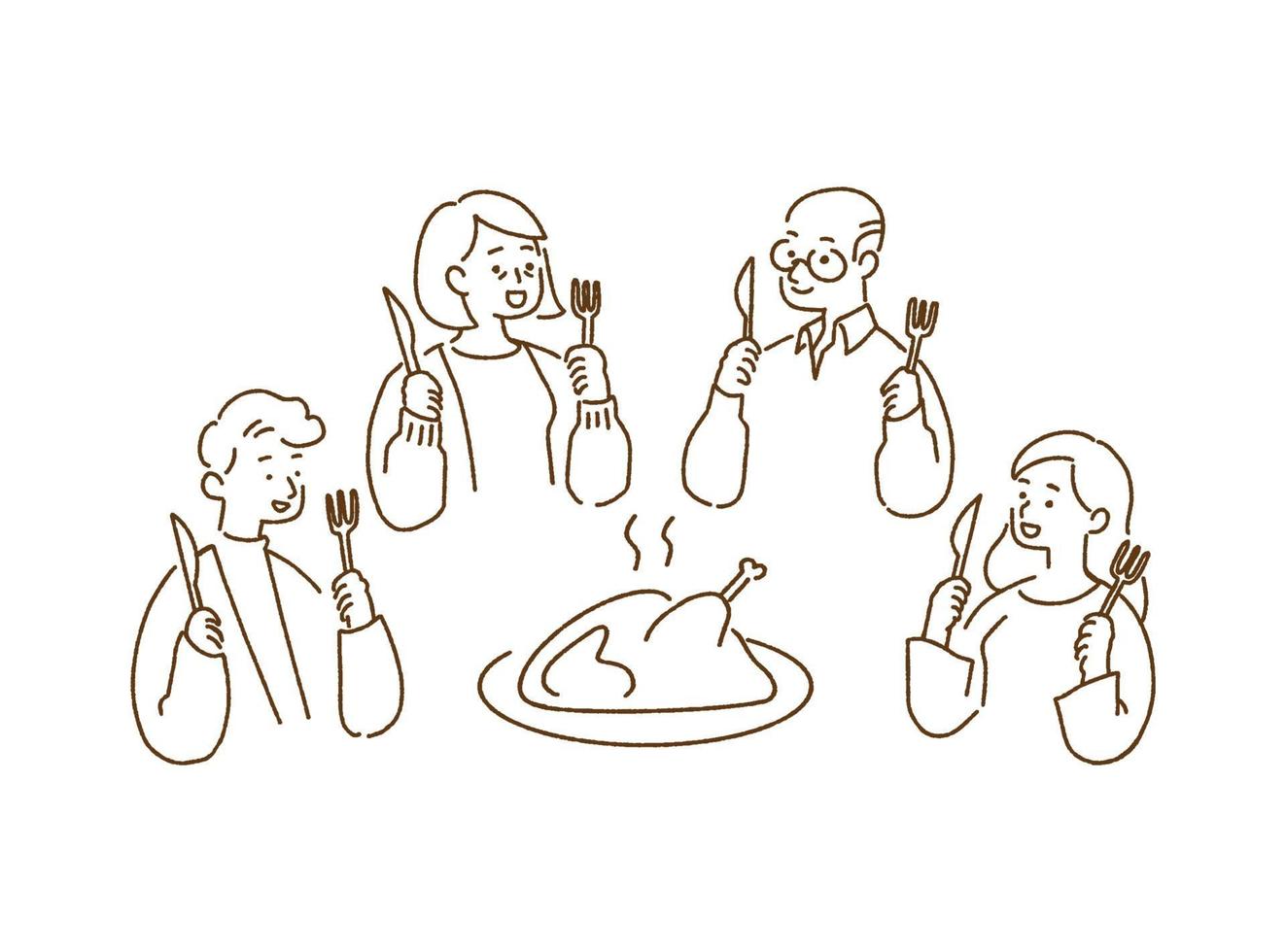 cena familiar feliz con pavo asado, concepto de acción de gracias, ilustración de vector de estilo dibujado a mano.