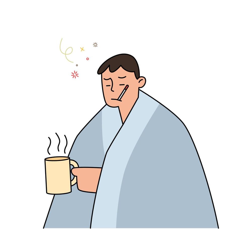 hombre con gripe y resfriado debajo de la manta sosteniendo un té caliente y sosteniendo un termómetro en la boca, ilustración de vector de estilo dibujado a mano.