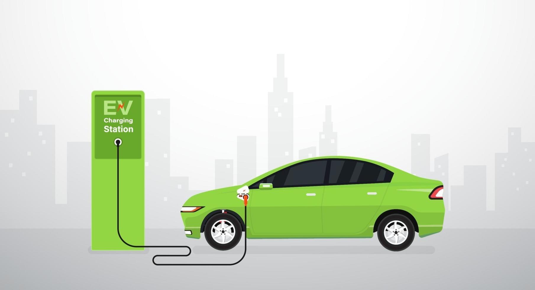 carga de batería de coche eléctrico ev en la estación. ilustración vectorial vector