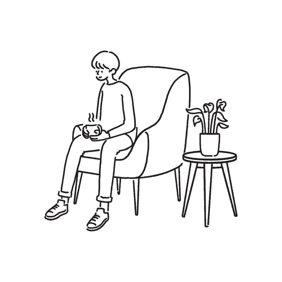 a young man with hot coffee sitting in the living room. hand-drawn style vector illustration.