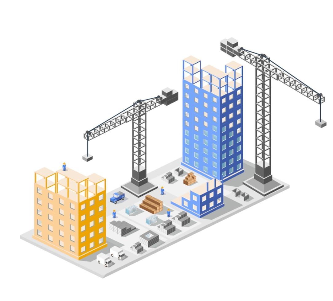 isometría de construcción industrial en la gran ciudad rascacielos en construcción, casas y edificios vector