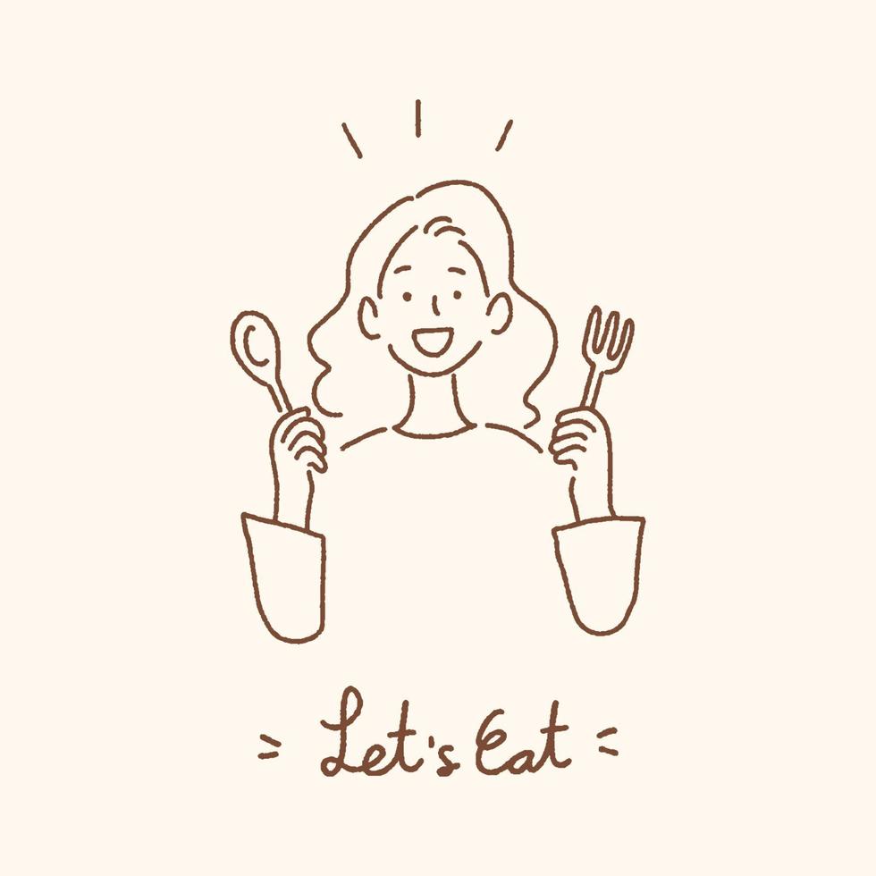 Young woman holding spoon and fork with Let's Eat handwritten lettering, eating dining concept, hand-drawn style vector illustration.