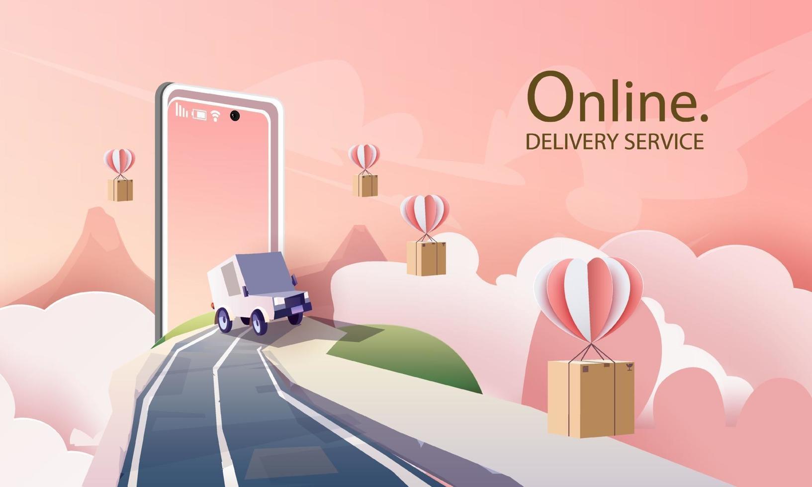 Paper art courier van cartoon in town delivery service, and shopping online vector art and illustration.