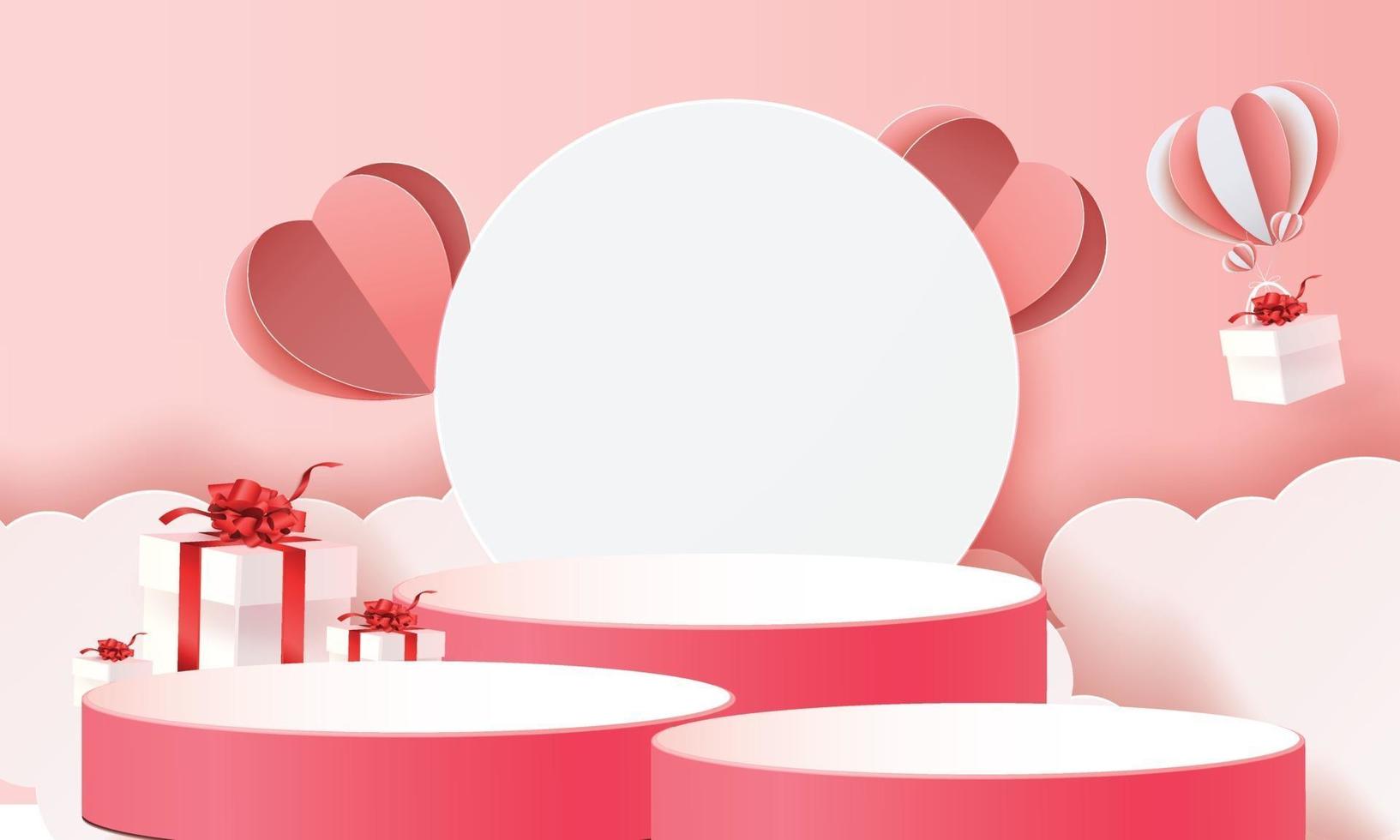 Fondo de producto rojo podio 3d para san valentín rosa y corazón amor romance concepto diseño vector illustation decoración banner