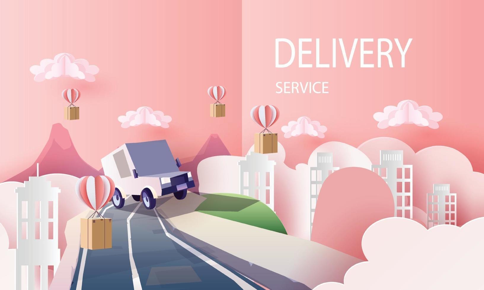 Paper art courier van cartoon in town delivery service, and shopping online vector art and illustration.