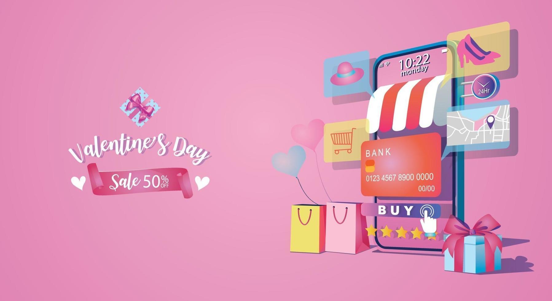 concepto de compra en línea del día de San Valentín, sitio web o aplicación de teléfono móvil, marketing y marketing digital. promoción smartphone, entrega rápida. vector ilustración de diseño plano compras las 24 horas