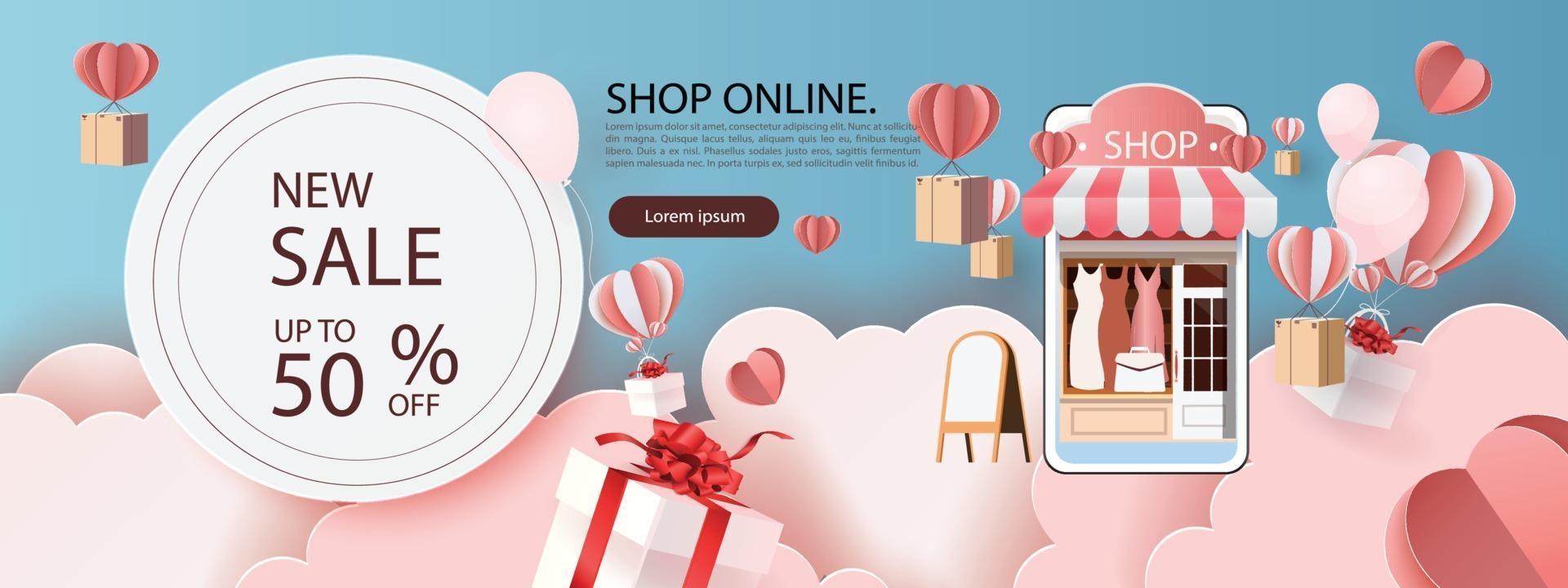 Compras de arte en papel en línea en teléfonos inteligentes y nuevo fondo de promoción de venta de compra para comercio electrónico de banner market. vector