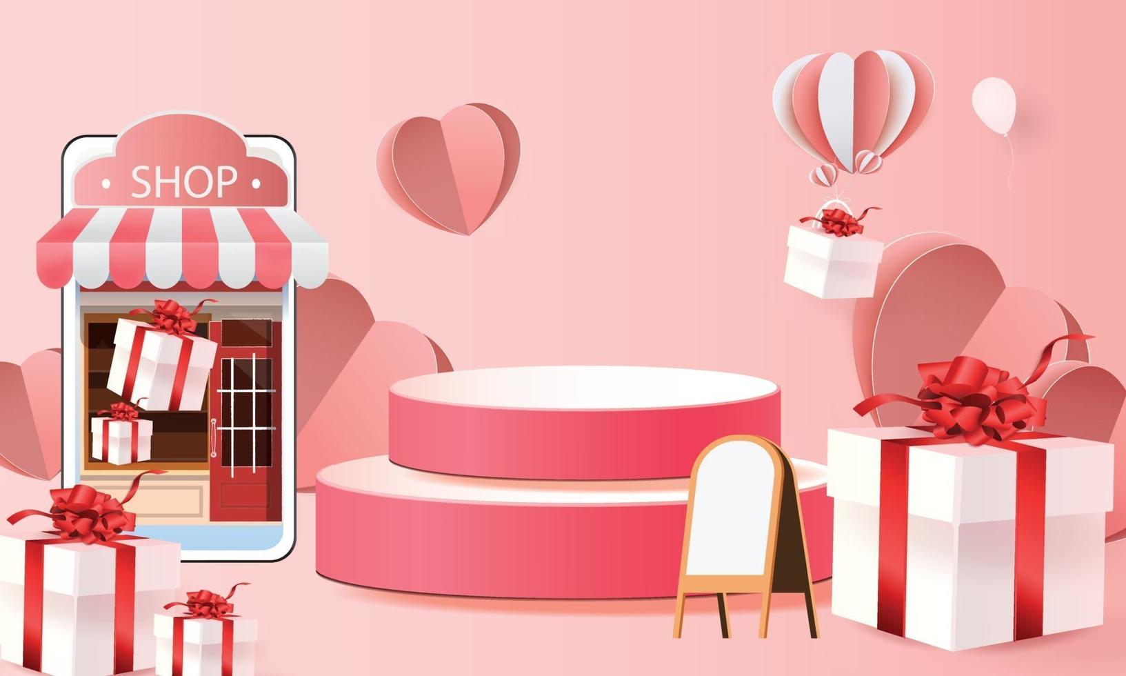 Fondo de producto rojo podio 3d para san valentín rosa y corazón amor romance concepto diseño vector illustation decoración banner