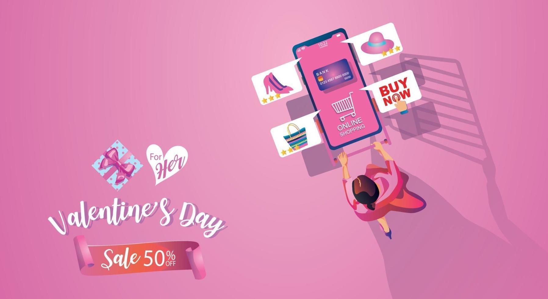 concepto de compra en línea del día de San Valentín, sitio web o aplicación de teléfono móvil, marketing y marketing digital. promoción smartphone, entrega rápida. vector ilustración de diseño plano compras las 24 horas