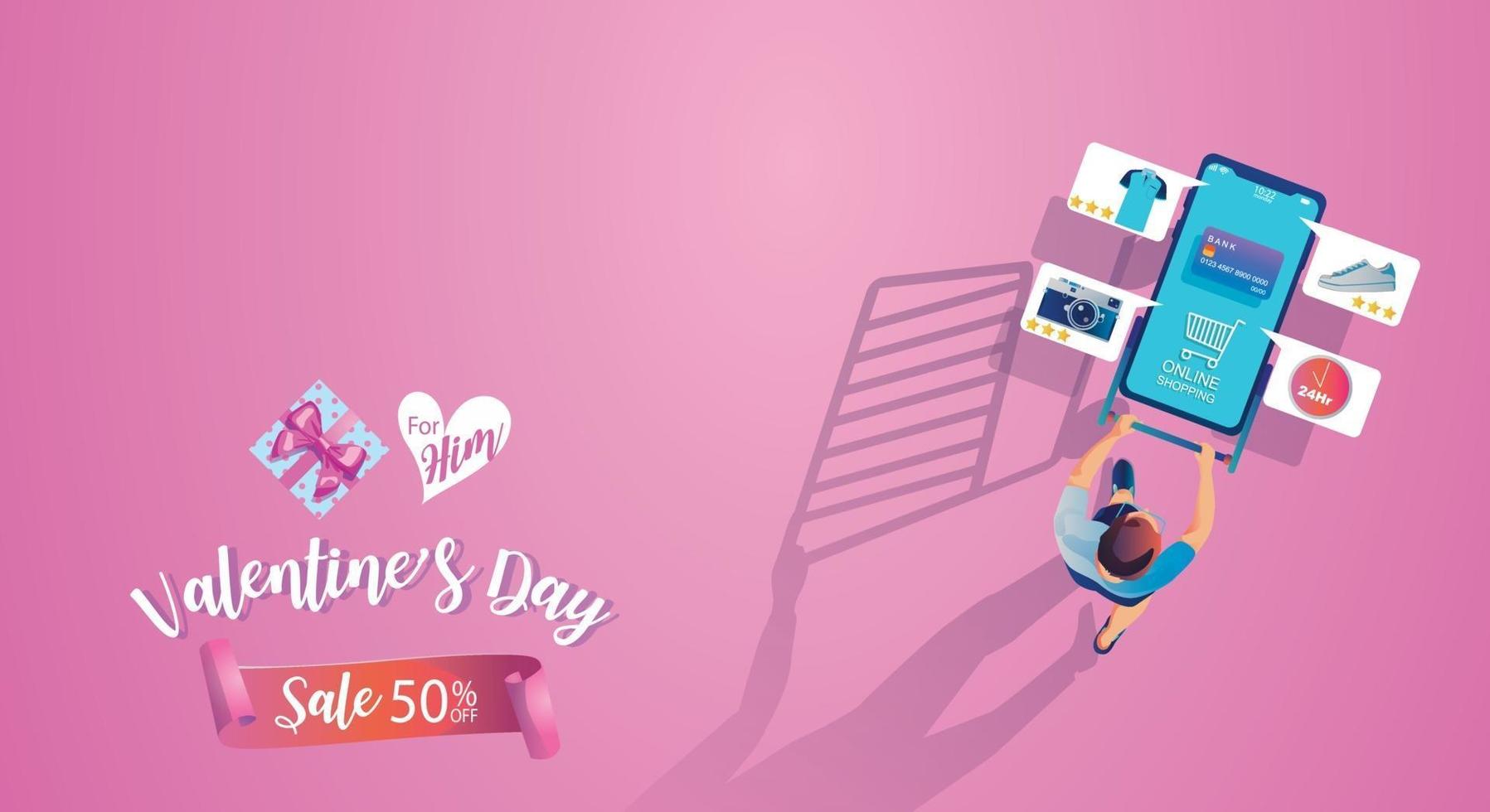 concepto de compra en línea del día de San Valentín, sitio web o aplicación de teléfono móvil, marketing y marketing digital. promoción smartphone, entrega rápida. vector ilustración de diseño plano compras las 24 horas