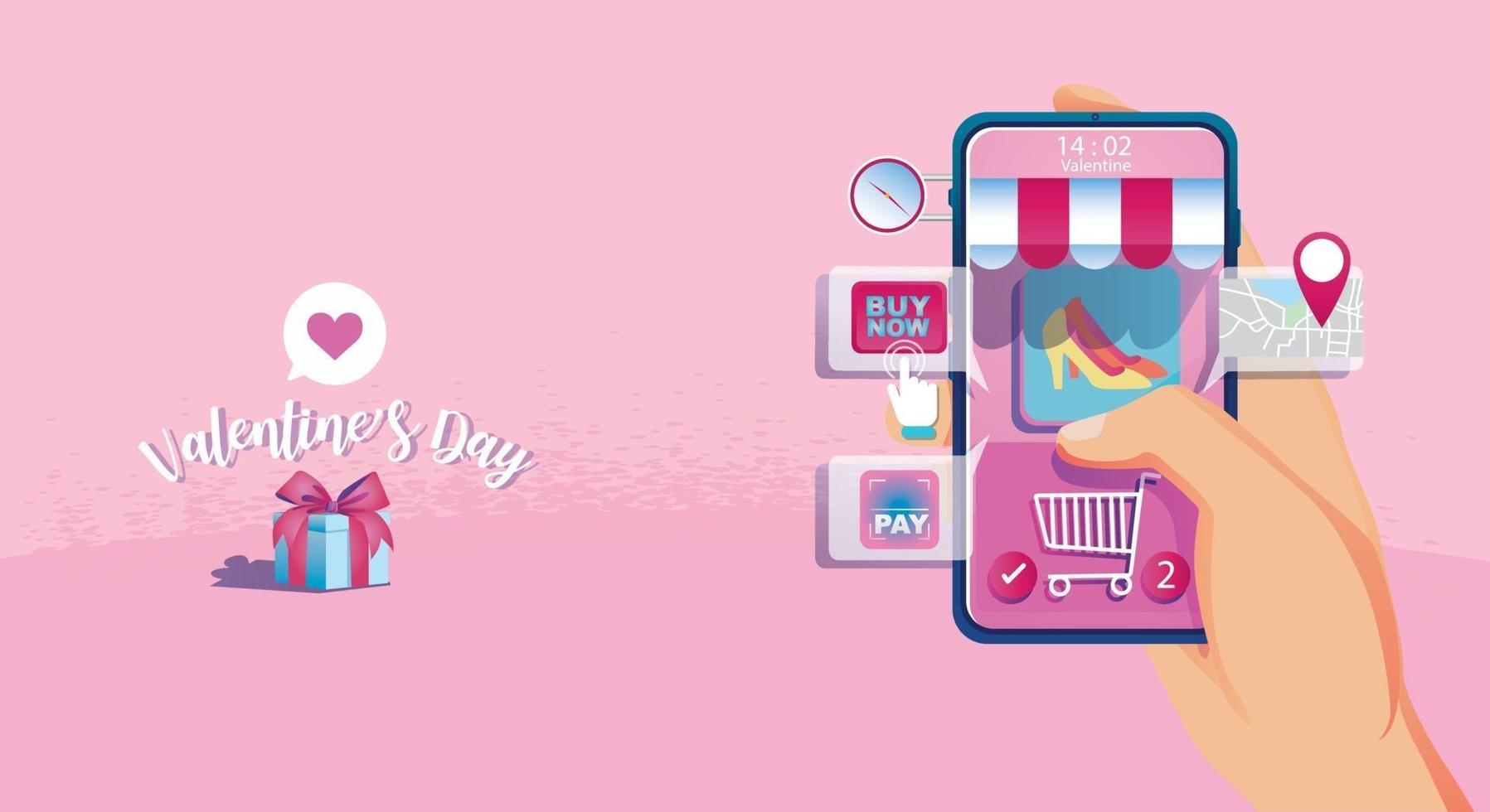 concepto de compra en línea del día de San Valentín, sitio web o aplicación de teléfono móvil, marketing y marketing digital. promoción smartphone, entrega rápida. vector ilustración de diseño plano compras las 24 horas