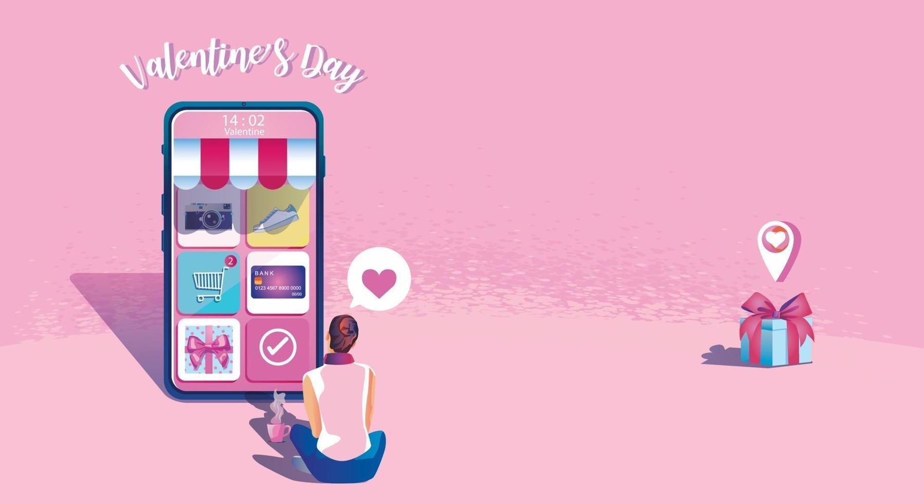 concepto de compra en línea del día de San Valentín, sitio web o aplicación de teléfono móvil, marketing y marketing digital. promoción smartphone, entrega rápida. vector ilustración de diseño plano compras las 24 horas