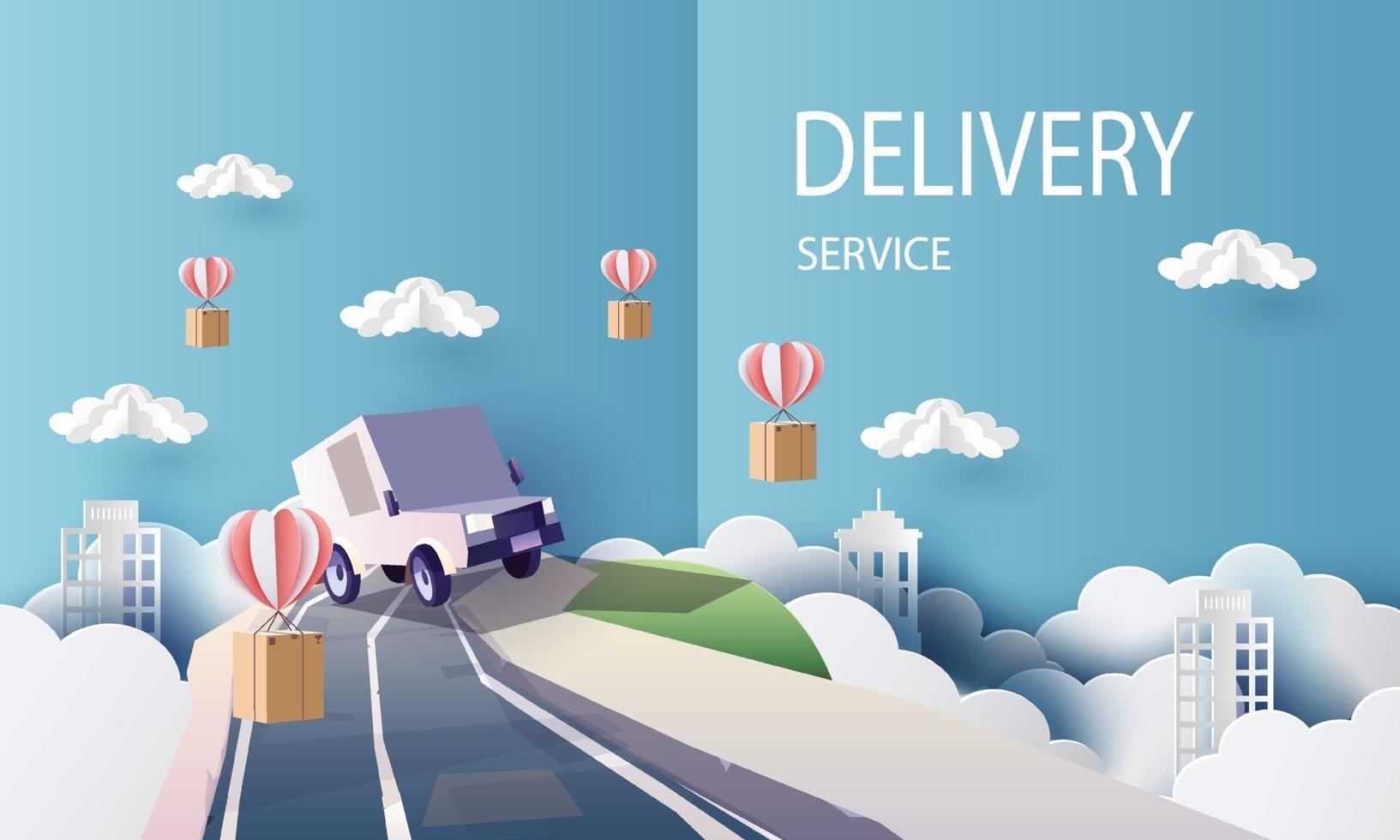 Paper art courier van cartoon in town delivery service, and shopping online vector art and illustration.