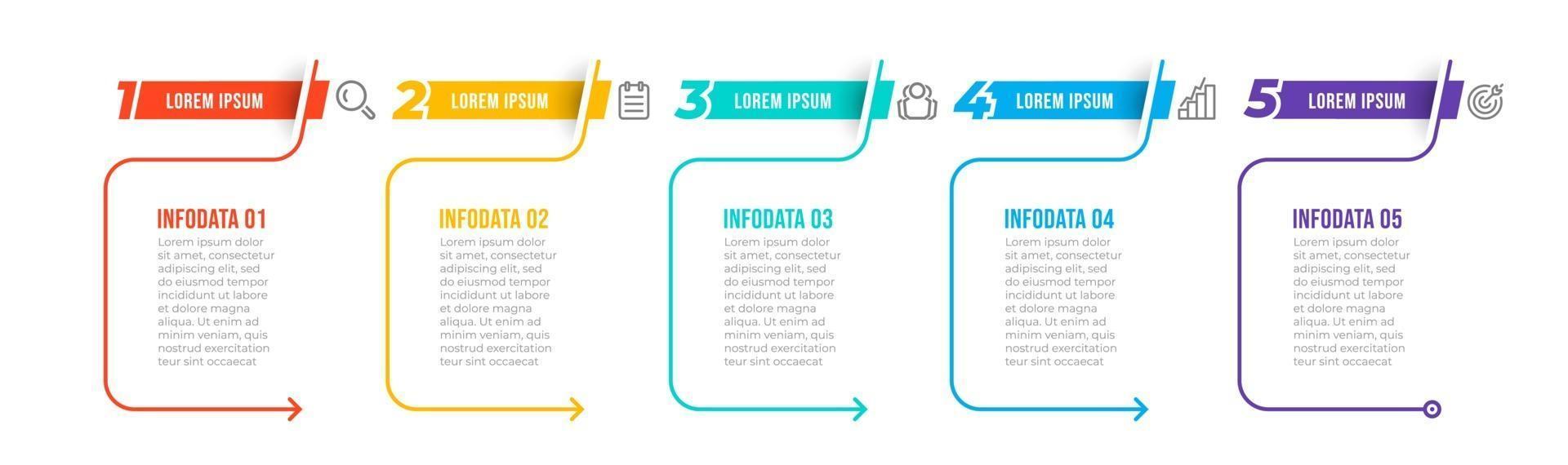 Plantilla de diseño infográfico de línea delgada con iconos y opciones numéricas. concepto de negocio con 5 pasos o procesos. se puede utilizar para presentaciones, diseño de flujo de trabajo, diagrama, diagrama de flujo. vector