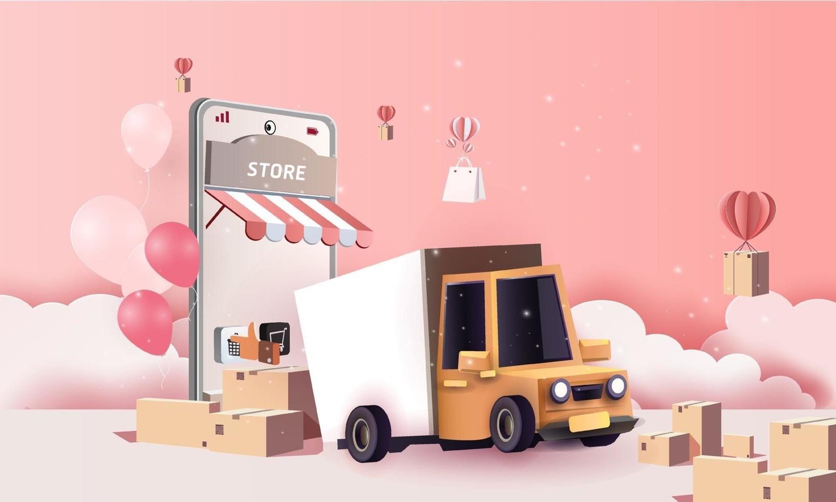 Paper art courier van cartoon in town delivery service, and shopping online vector art and illustration.