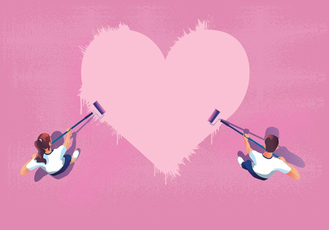 Young couple paints heart symbol on-screen together, Happy Valentine's day Concept, Website or Mobile phone Application, and Digital marketing The message promotion, top view, love Vector flat Design