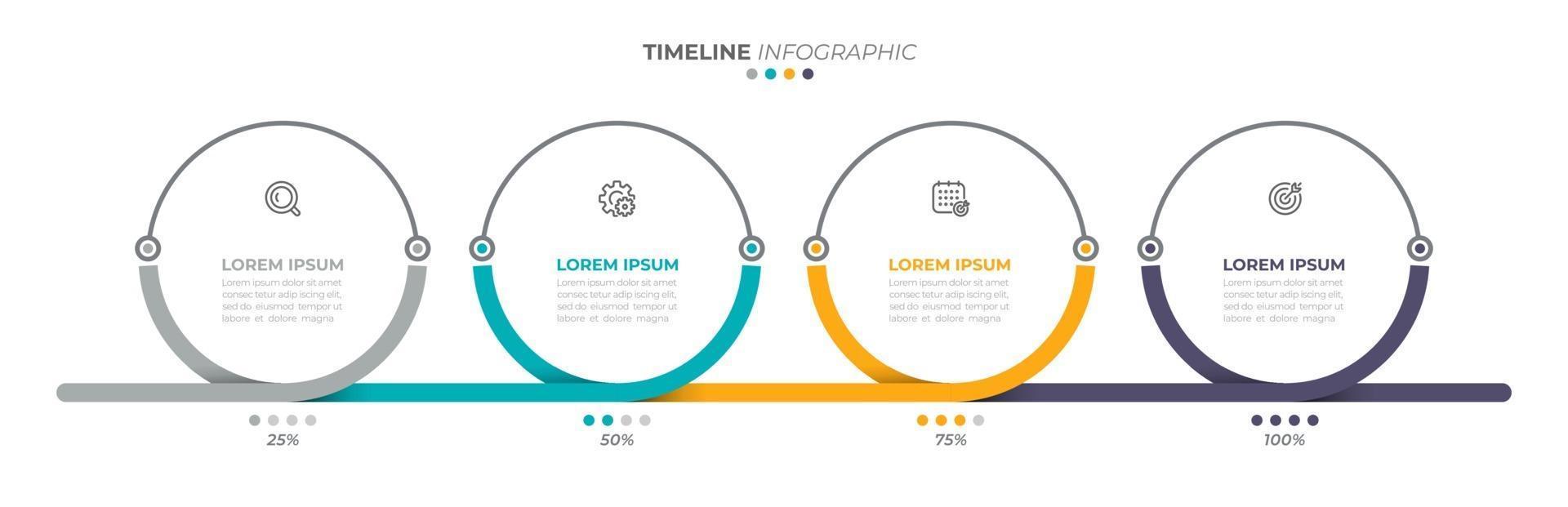 Business info graphic template for presentation. Time line processes with 4 steps options, circle. Vector illustration.