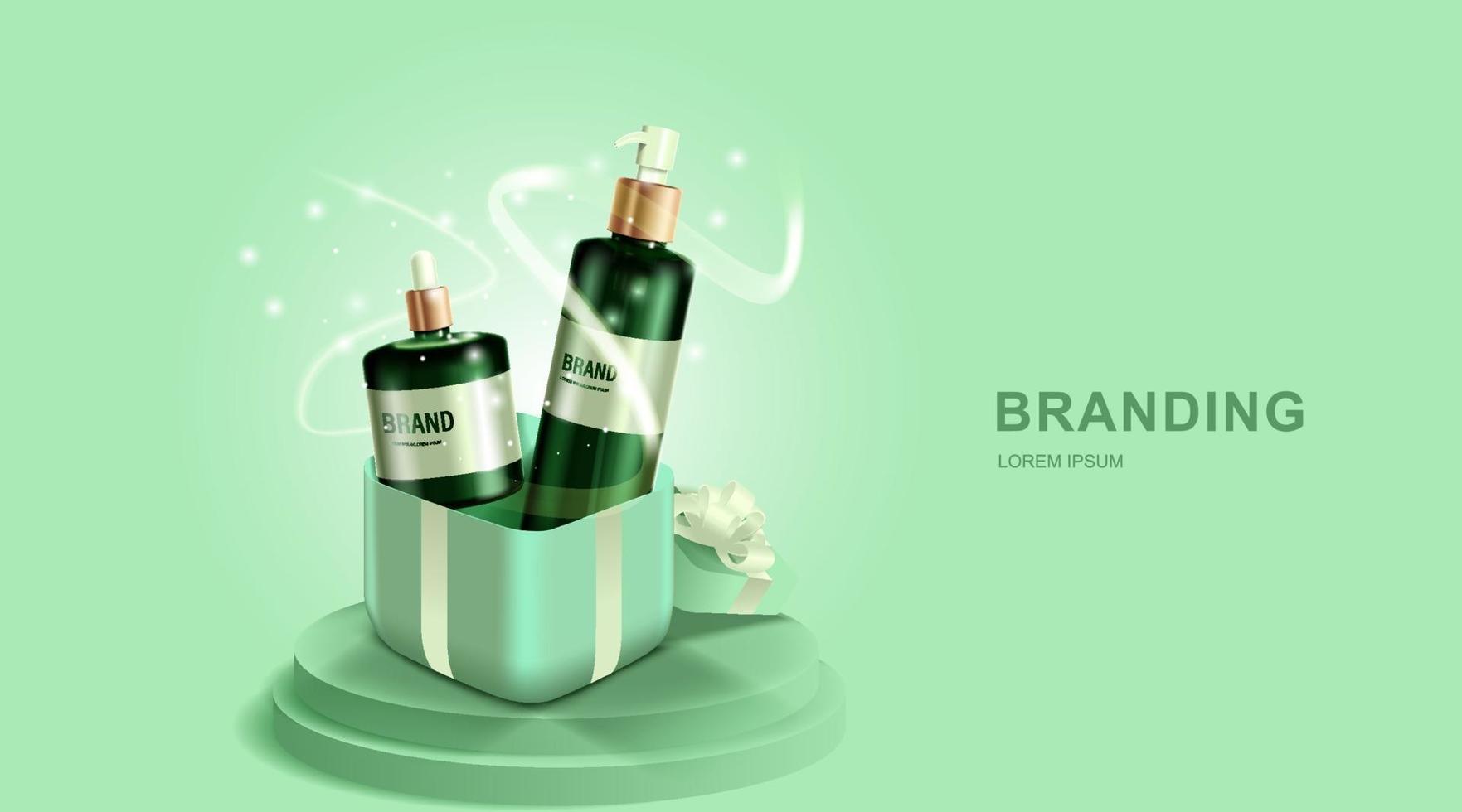 Cosmetics or skincare product. Bottle mockup and Gift box with green background. vector illustration.