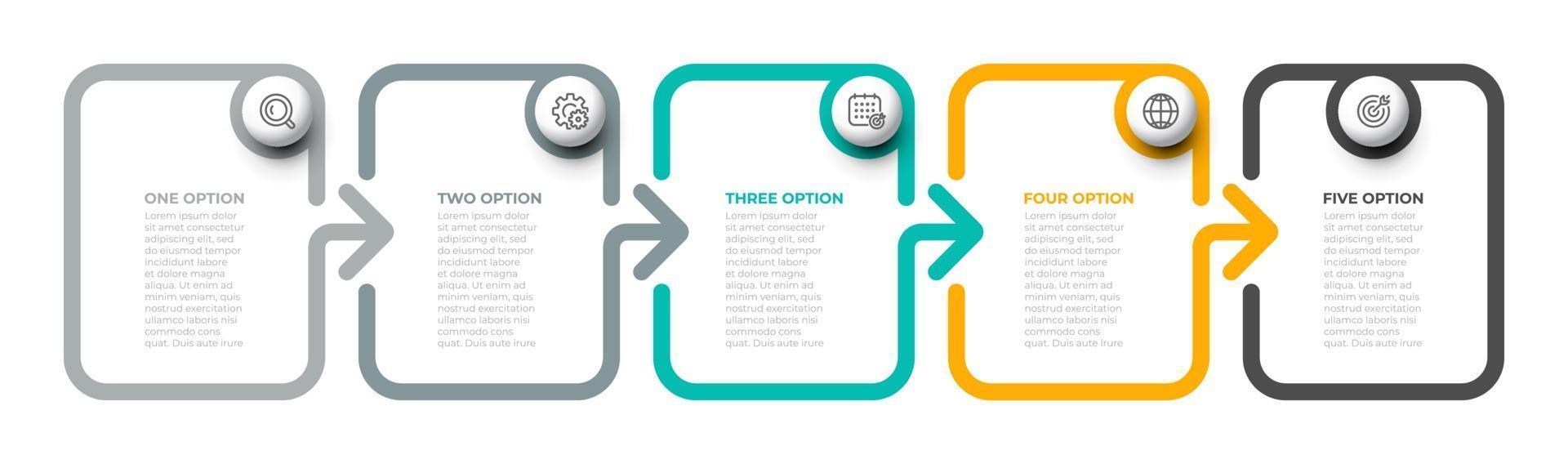 Vector info graphic label design with arrows and marketing icons. Business concept with 5 options, steps, parts.