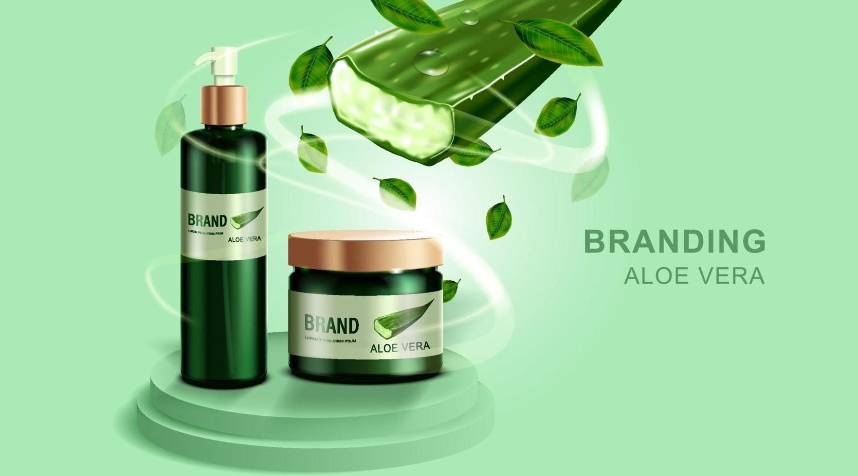 Cosmetics or skincare product. Bottle mockup and Aloe vera with green background. vector illustration.