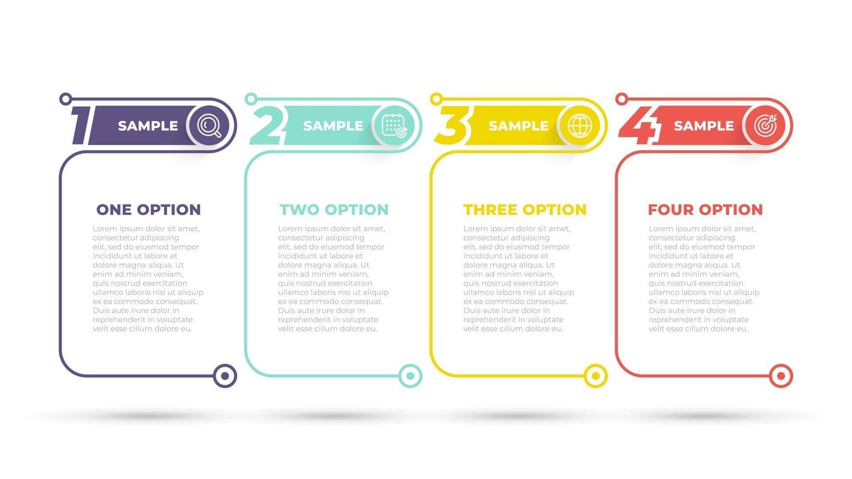 Plantilla de opciones de número de diseño gráfico de información empresarial. línea de tiempo con 4 pasos, opciones. se puede utilizar para diagrama de flujo de trabajo, gráfico de información, diseño web. ilustración vectorial. vector