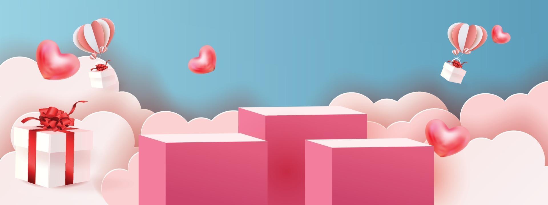 Fondo de producto rojo podio 3d para san valentín rosa y corazón amor romance concepto diseño vector illustation decoración banner