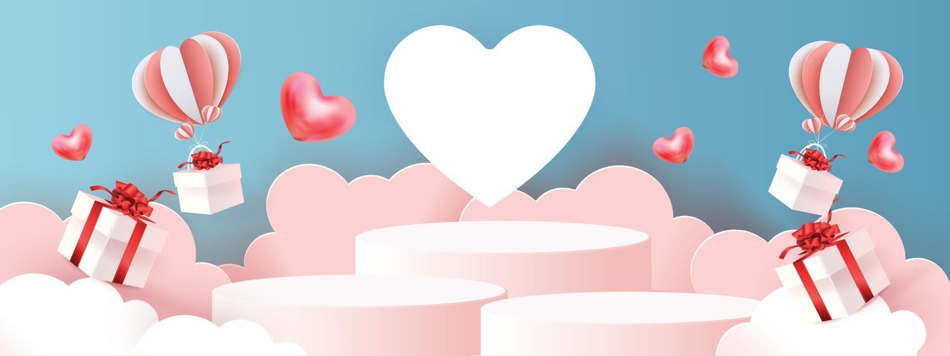 Fondo de producto rojo podio 3d para san valentín rosa y corazón amor romance concepto diseño vector illustation decoración banner