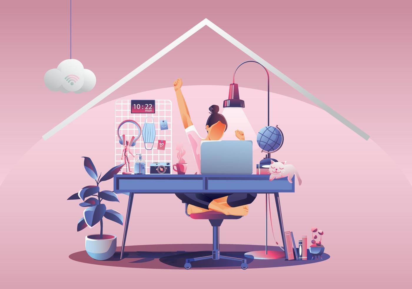 trabajar desde el concepto de hogar, autónomos jóvenes que trabajan en computadoras portátiles en casa. personas en casa en cuarentena. Vista posterior de fondo rosa, quedarse en casa ilustración vectorial. personaje de diseño plano vector