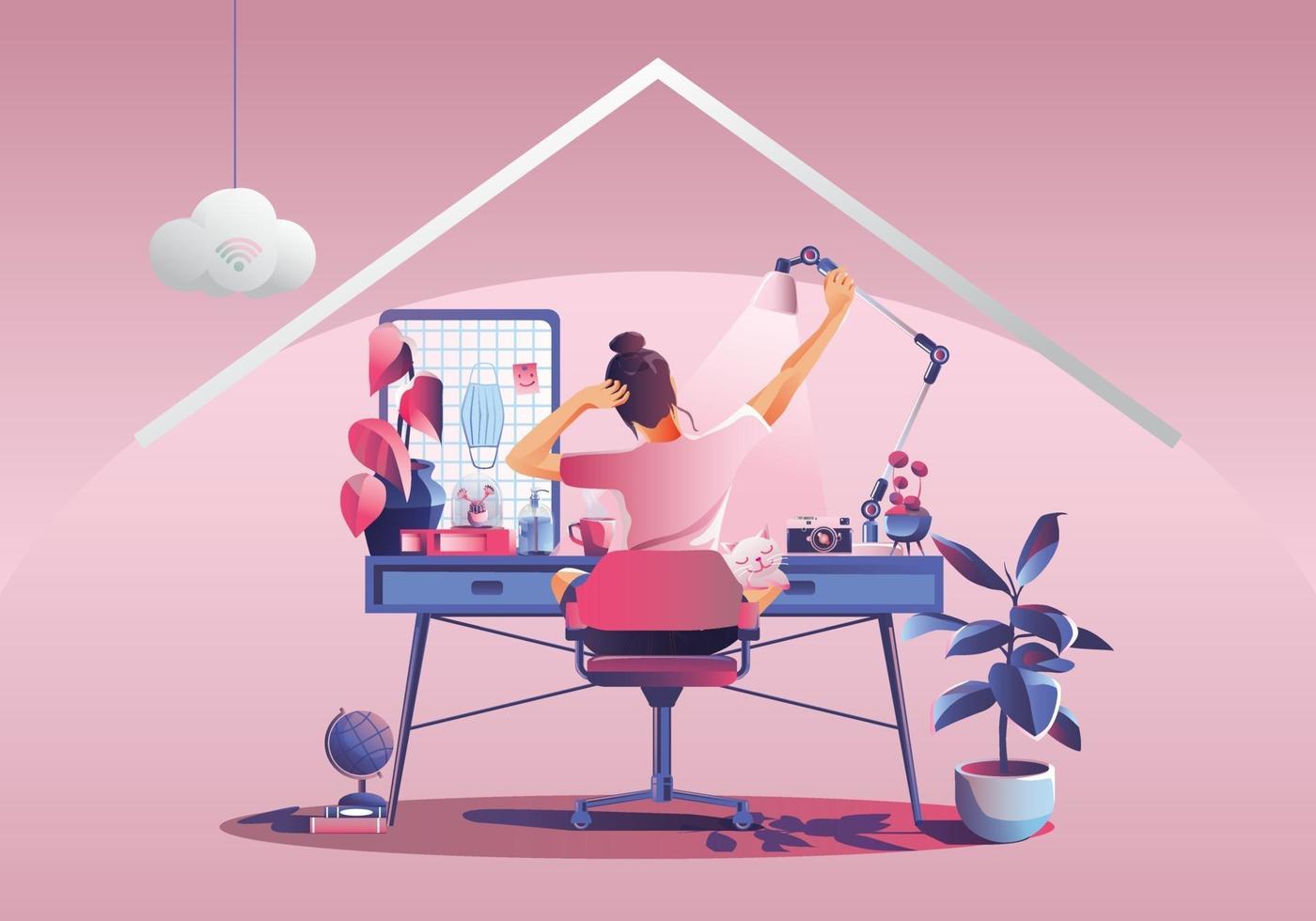 Young woman freelancers working on laptop at home vector