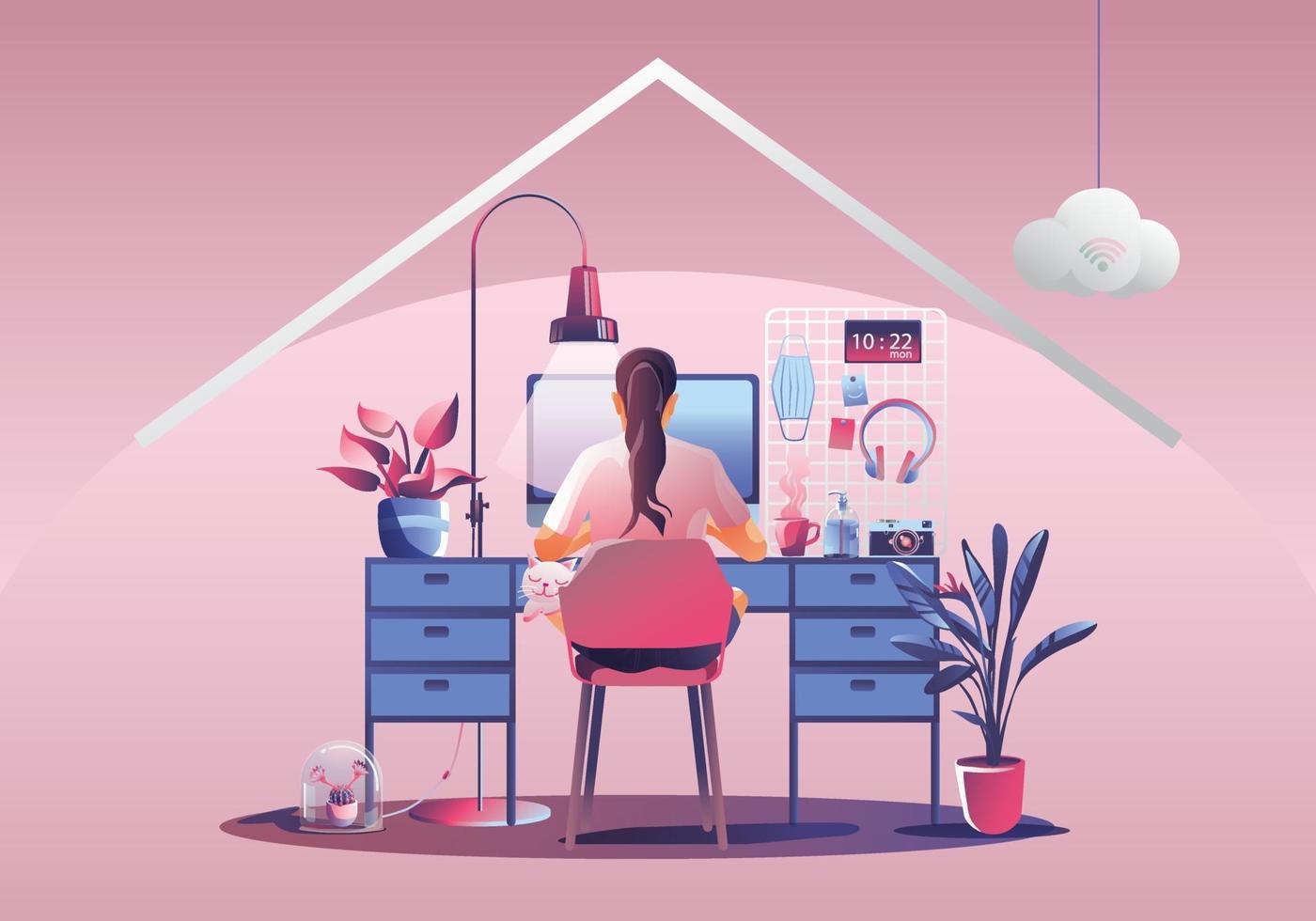 trabajar desde el concepto de hogar, autónomos jóvenes que trabajan en computadoras portátiles en casa. personas en casa en cuarentena. Vista posterior de fondo rosa, quedarse en casa ilustración vectorial. personaje de diseño plano vector