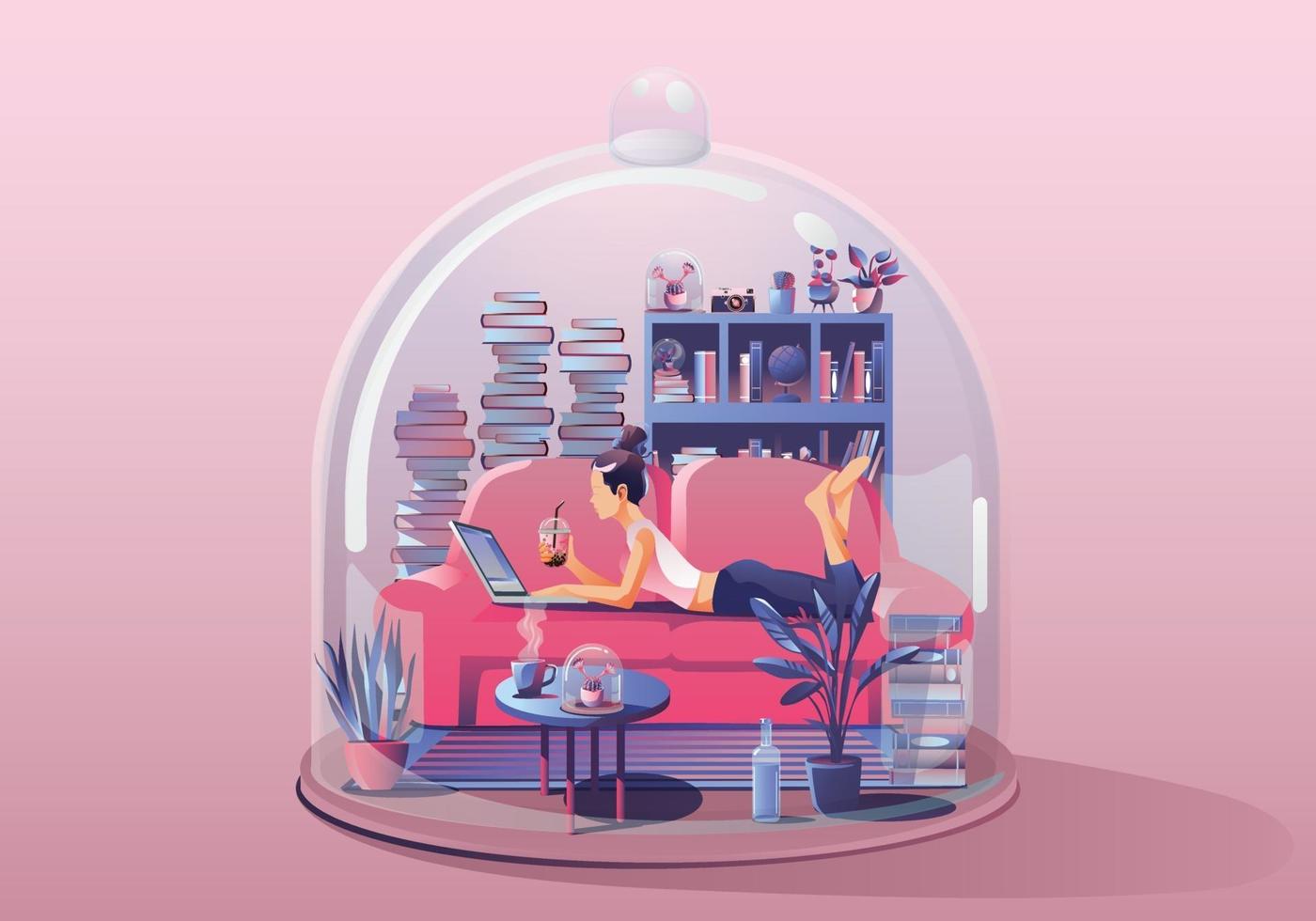 mujer joven. trabajando en una computadora portátil, leyendo un libro. quedarse en casa rodeado de libros y plantas. casa en miniatura. Quédate en casa y mantente a salvo con el distanciamiento social. Ilustración de vector de concepto de cuarentena