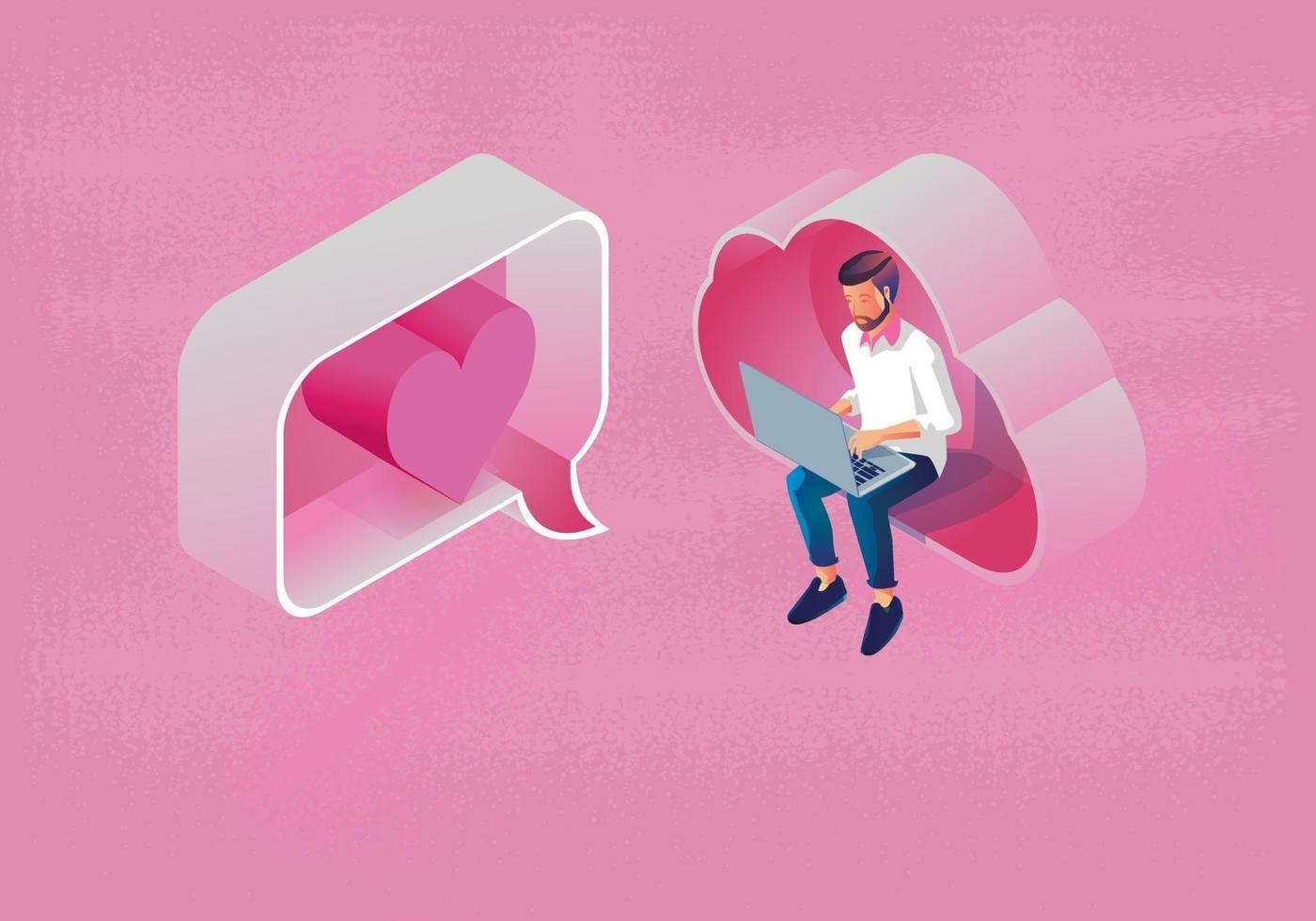 Young man uses a laptop direct message Valentine's day Concept, with Cloud computing, Website or Mobile phone Application, The message promotion smartphone, romantic and cute, pink tone, Vector design