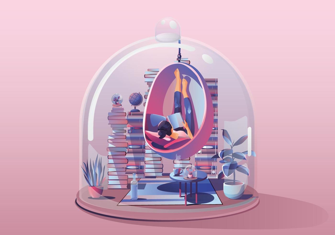 Young Woman. Working on laptop, reading a book. Staying at home Surrounded by books and plants. Miniature house. Stay home and stay safe with social distancing. Quarantine concept Vector Illustration