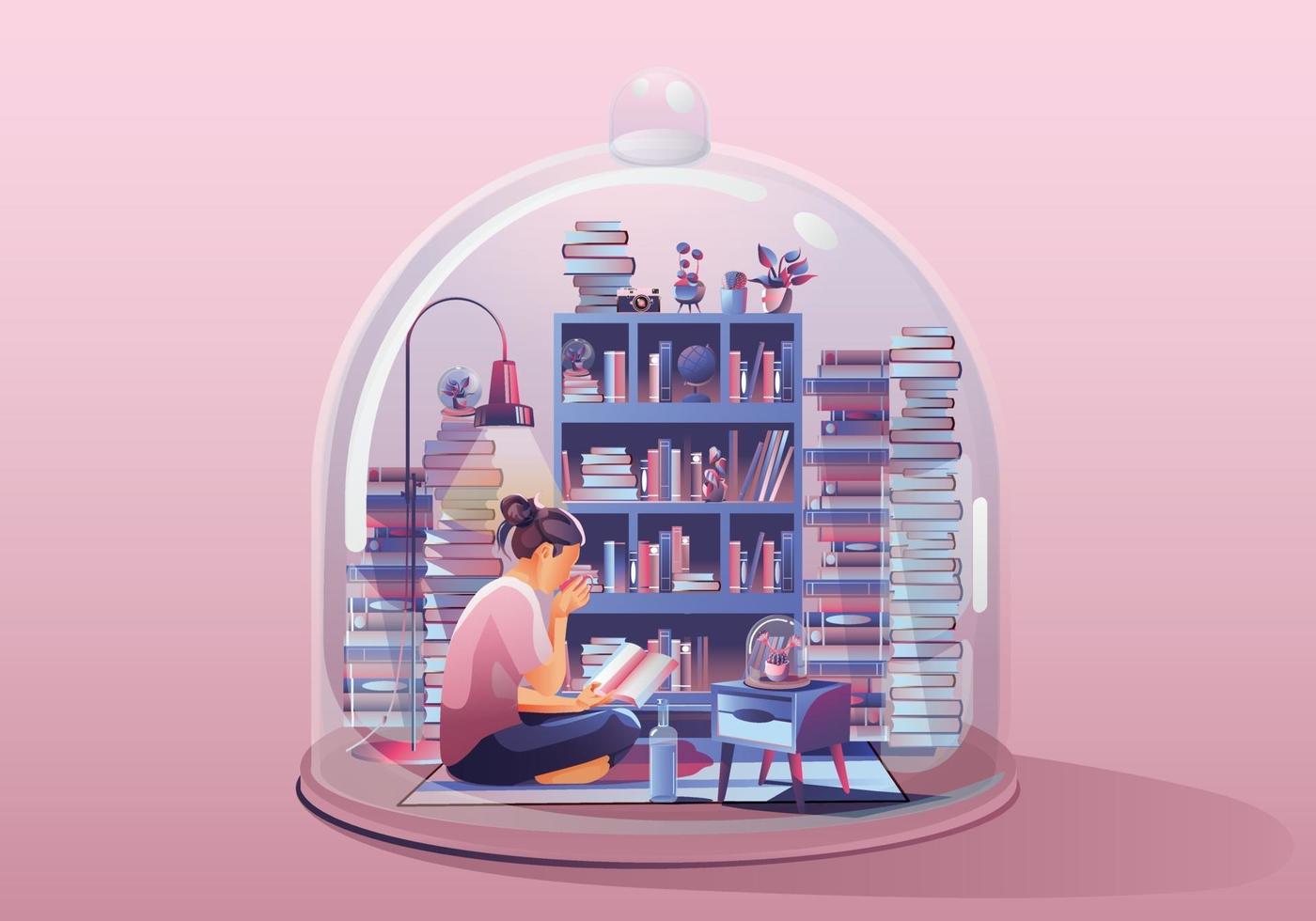 mujer joven. trabajando en una computadora portátil, leyendo un libro. quedarse en casa rodeado de libros y plantas. casa en miniatura. Quédate en casa y mantente a salvo con el distanciamiento social. Ilustración de vector de concepto de cuarentena