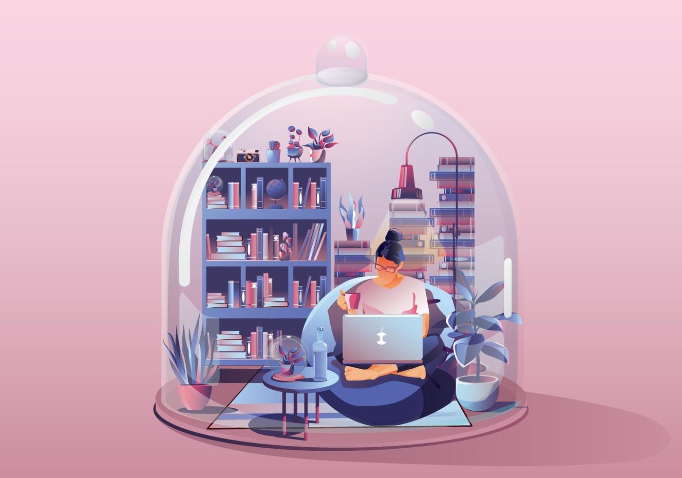 mujer joven. trabajando en una computadora portátil, leyendo un libro. quedarse en casa rodeado de libros y plantas. casa en miniatura. Quédate en casa y mantente a salvo con el distanciamiento social. Ilustración de vector de concepto de cuarentena