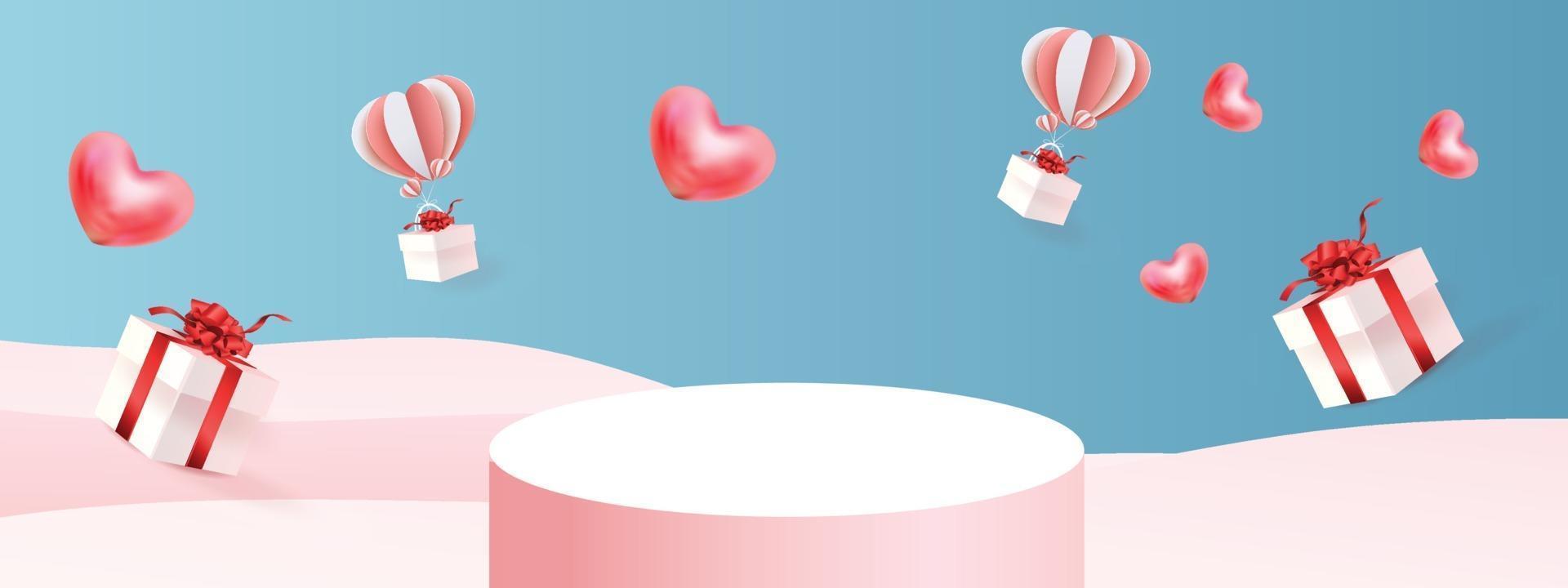 Fondo de producto rojo podio 3d para san valentín rosa y corazón amor romance concepto diseño vector illustation decoración banner