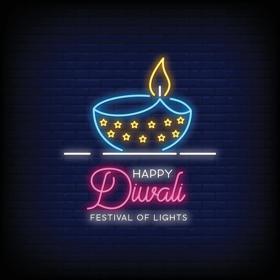 feliz diwali letreros de neón estilo texto vector