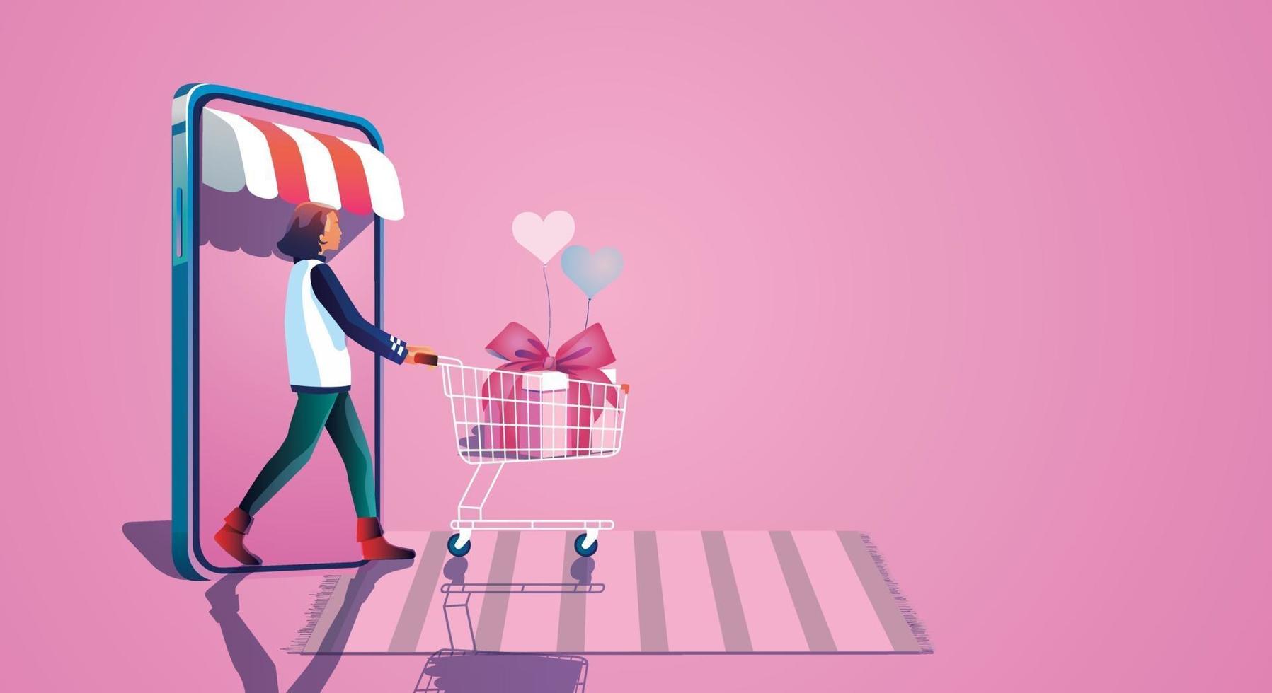 niña toma un carrito de compras y disfruta de las compras en línea a través de teléfonos inteligentes, elige comprar regalos en el sitio web de conceptos del día de San Valentín o aplicación de teléfono móvil, vector de ilustración de diseño plano