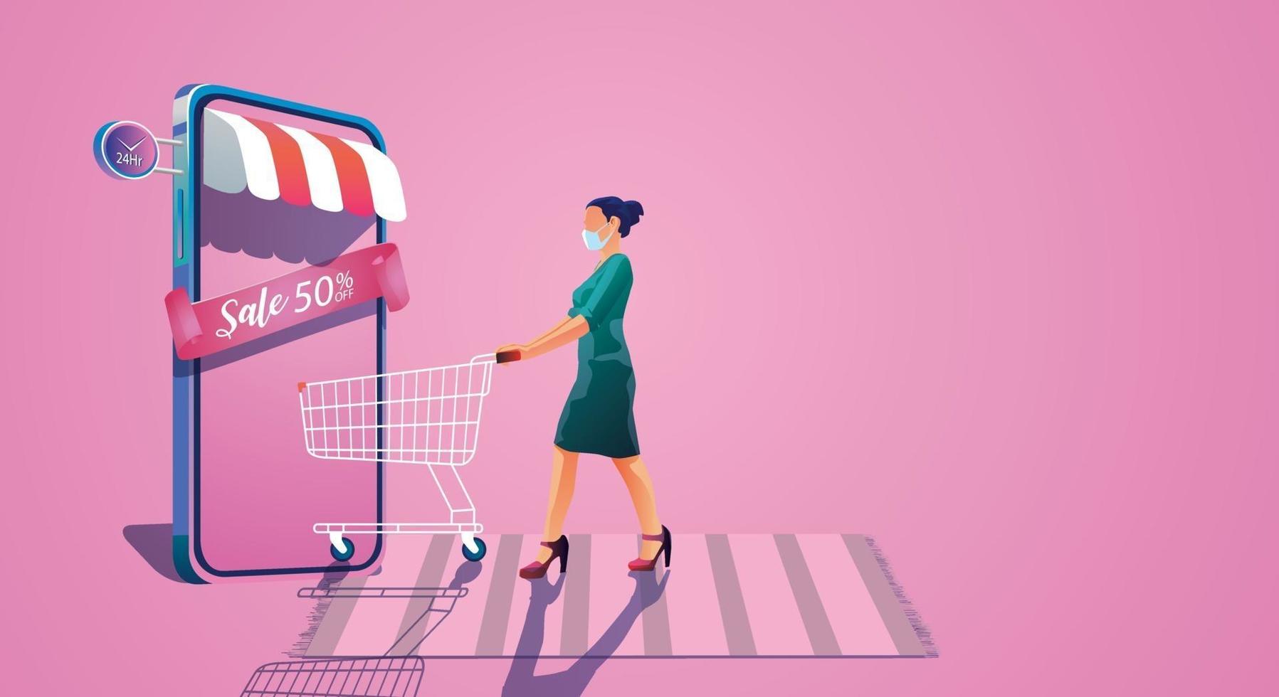 Young woman takes a shopping cart And enjoy online shopping through smartphones, Choose to buy gifts valentine's day concepts Website or Mobile phone Application, Flat design illustration vector