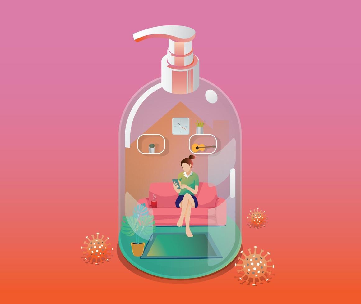 Staying at Home, Quarantine concept. Coronavirus, women use a smartphone  in a house transform to gel alcohol bottle on green background with many viruses surrounded. Vector
