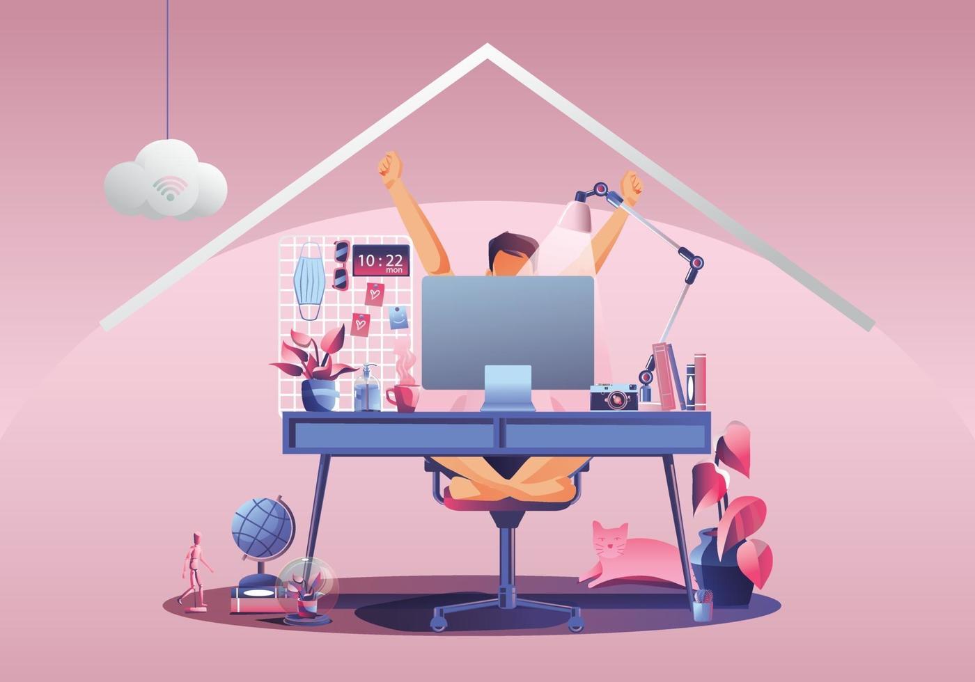 trabajar desde el concepto de hogar, autónomos jóvenes que trabajan en computadoras portátiles en casa. personas en casa en cuarentena. Vista posterior de fondo rosa, quedarse en casa ilustración vectorial. personaje de diseño plano vector