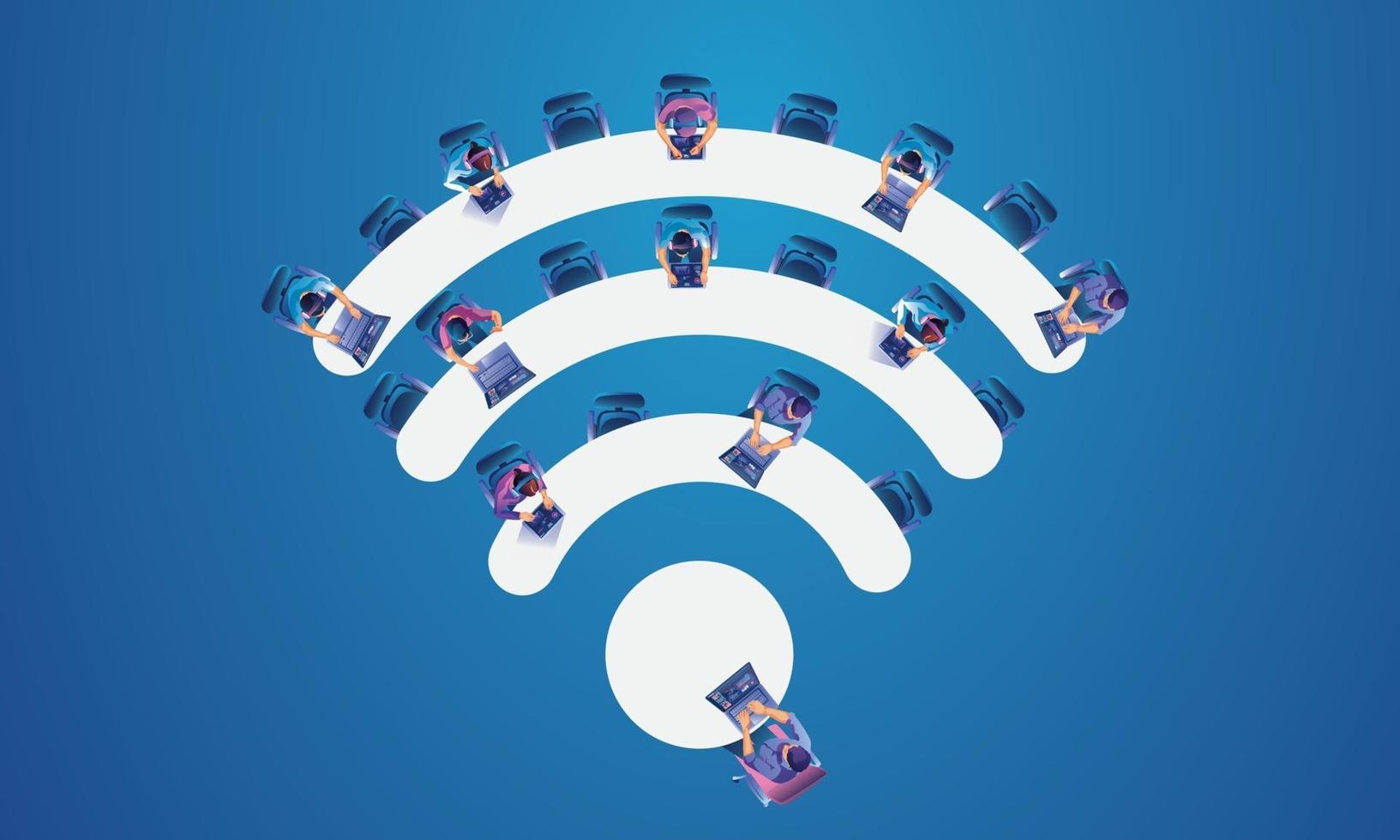 People use Video conference landing Working People on window screen taking with colleagues. Videoconferencing and online meeting wifi icon , man and woman online learning Vector illustration, Flat