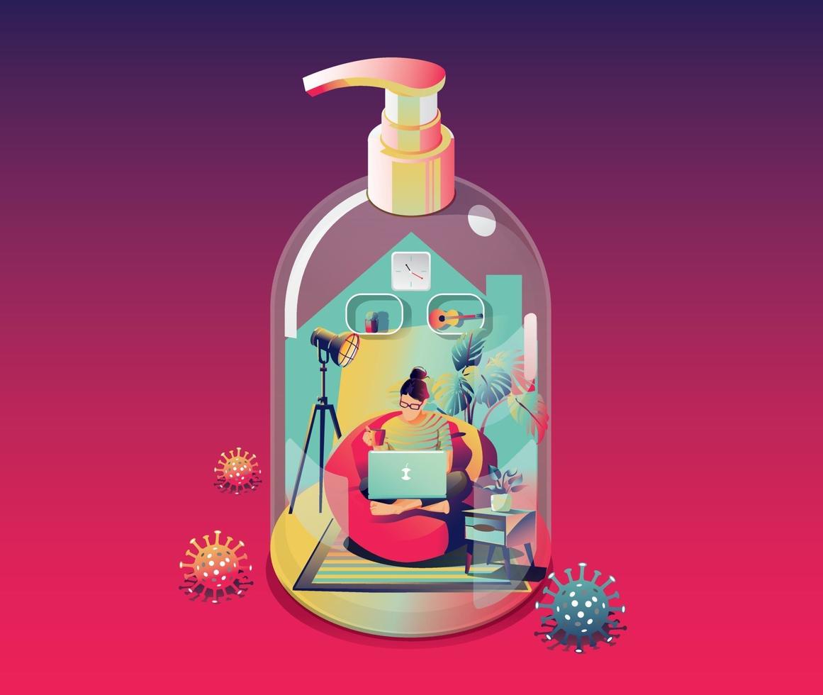 Staying at Home Quarantine concept. Coronavirus, 
Freelance woman working on a laptop, indoors. in a house transform to gel alcohol bottle on purple background with many viruses surrounded. Vector