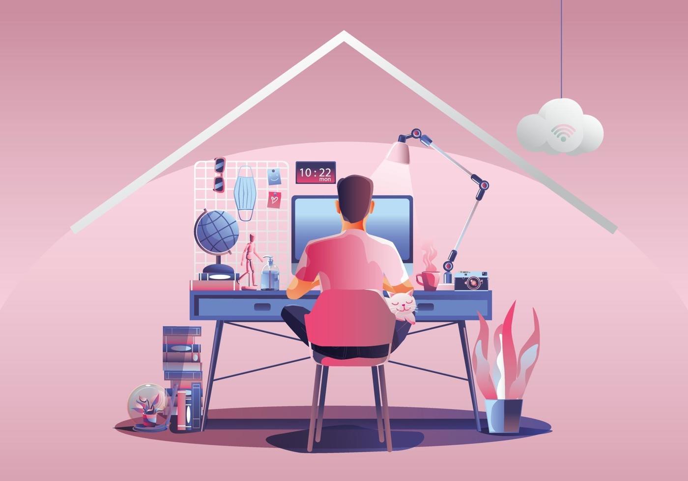 trabajar desde el concepto de hogar, autónomos jóvenes que trabajan en computadoras portátiles en casa. personas en casa en cuarentena. Vista posterior de fondo rosa, quedarse en casa ilustración vectorial. personaje de diseño plano vector