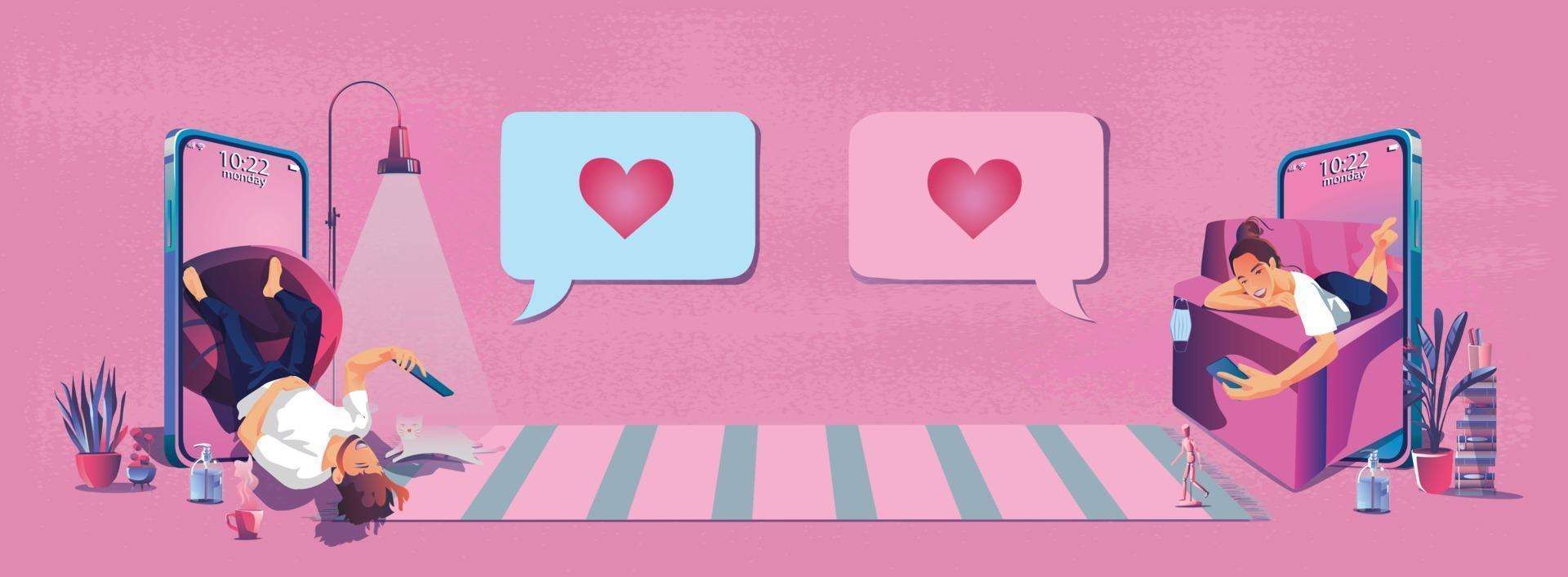 pareja joven enviando mensajes de amor en forma de corazón el día de san valentín este romántico y lindo tono rosa se ve bien para decir amor, usar la ilustración de diseño plano de vector de pantalla de teléfono inteligente o dispositivo.