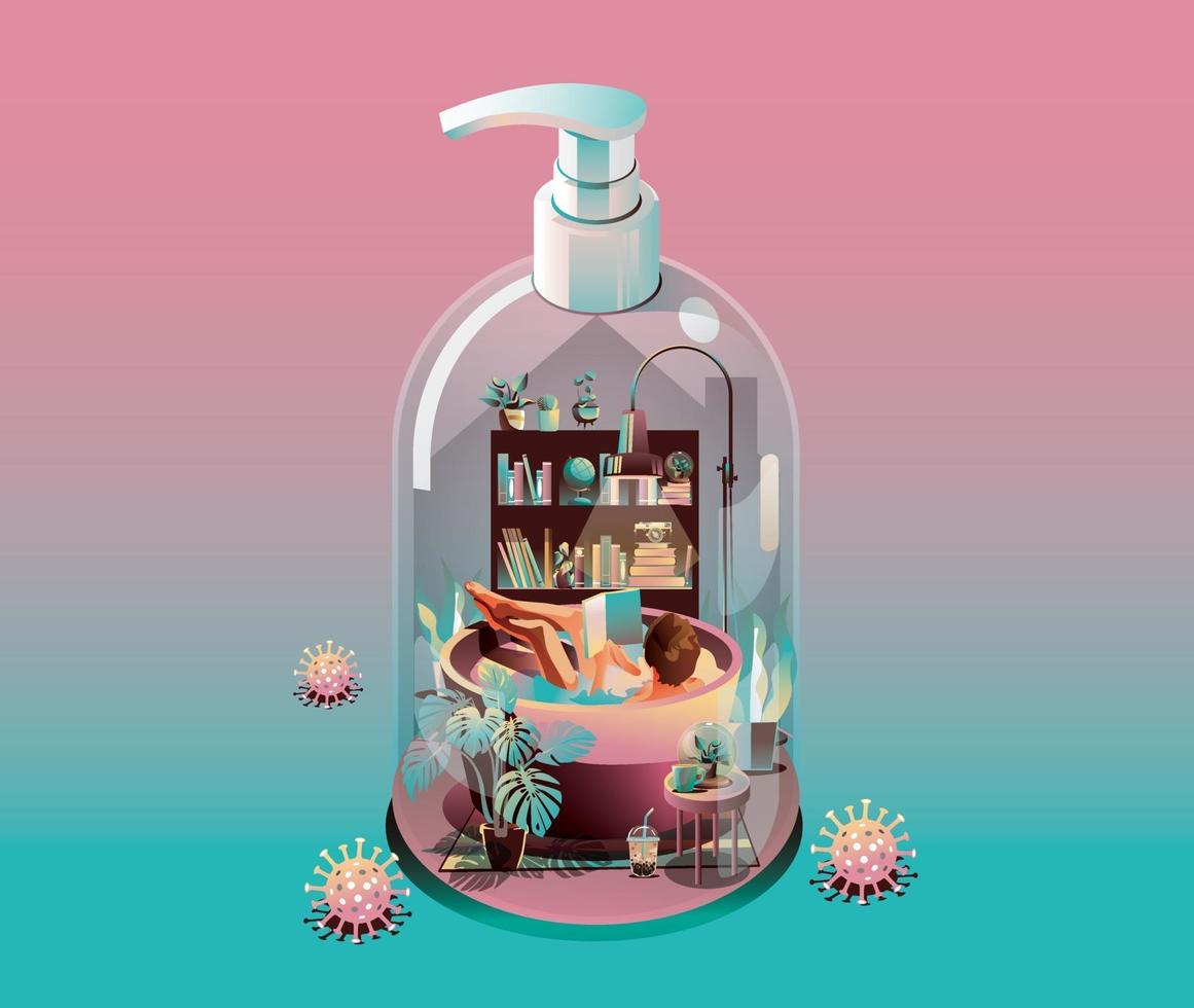 Staying at Home Quarantine concept. Coronavirus, woman reading book in a basin Bathing, indoors. in a house transform to gel alcohol bottle on pink background with many viruses surrounded. Vector